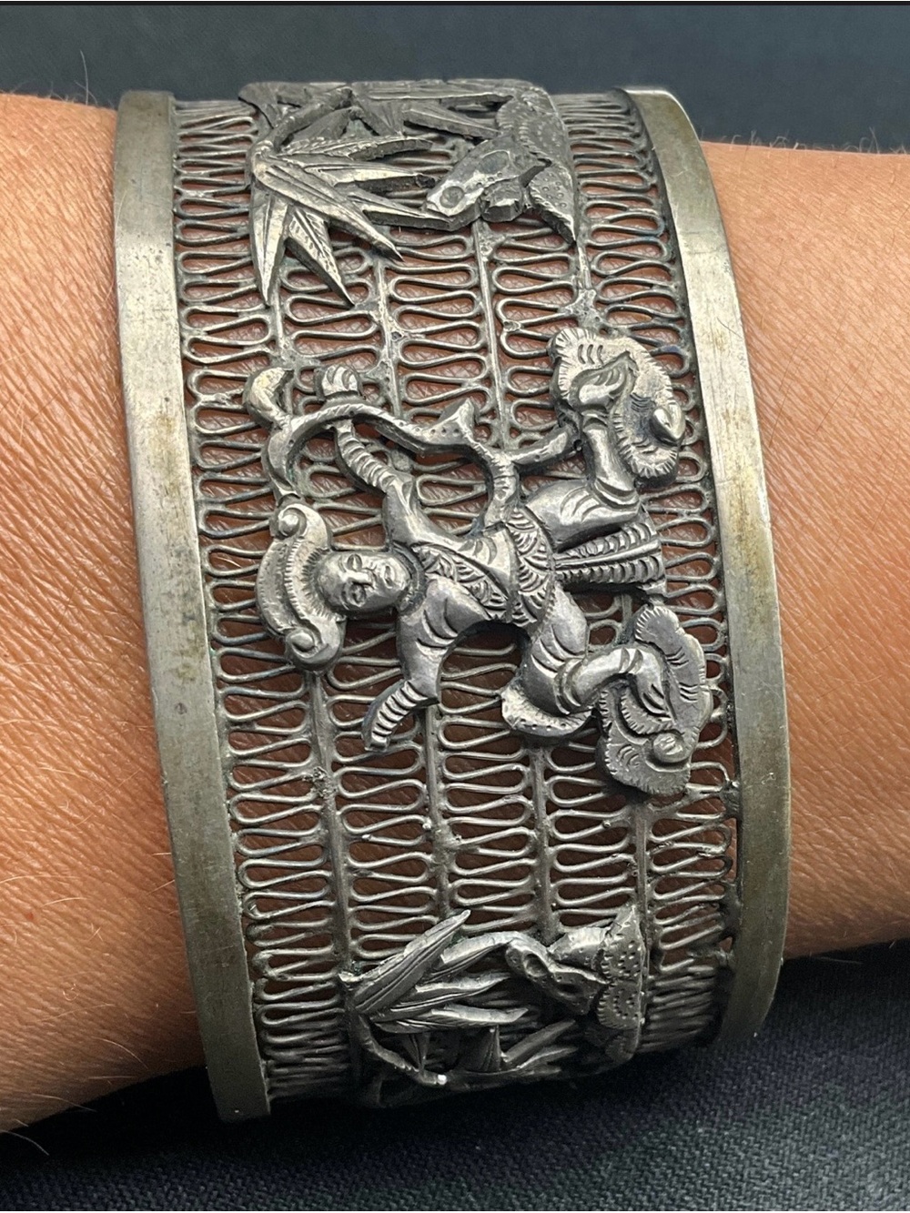 Handcrafted Asian Sterling Silver-Tone Filigree Cuff Bracelet - Silver